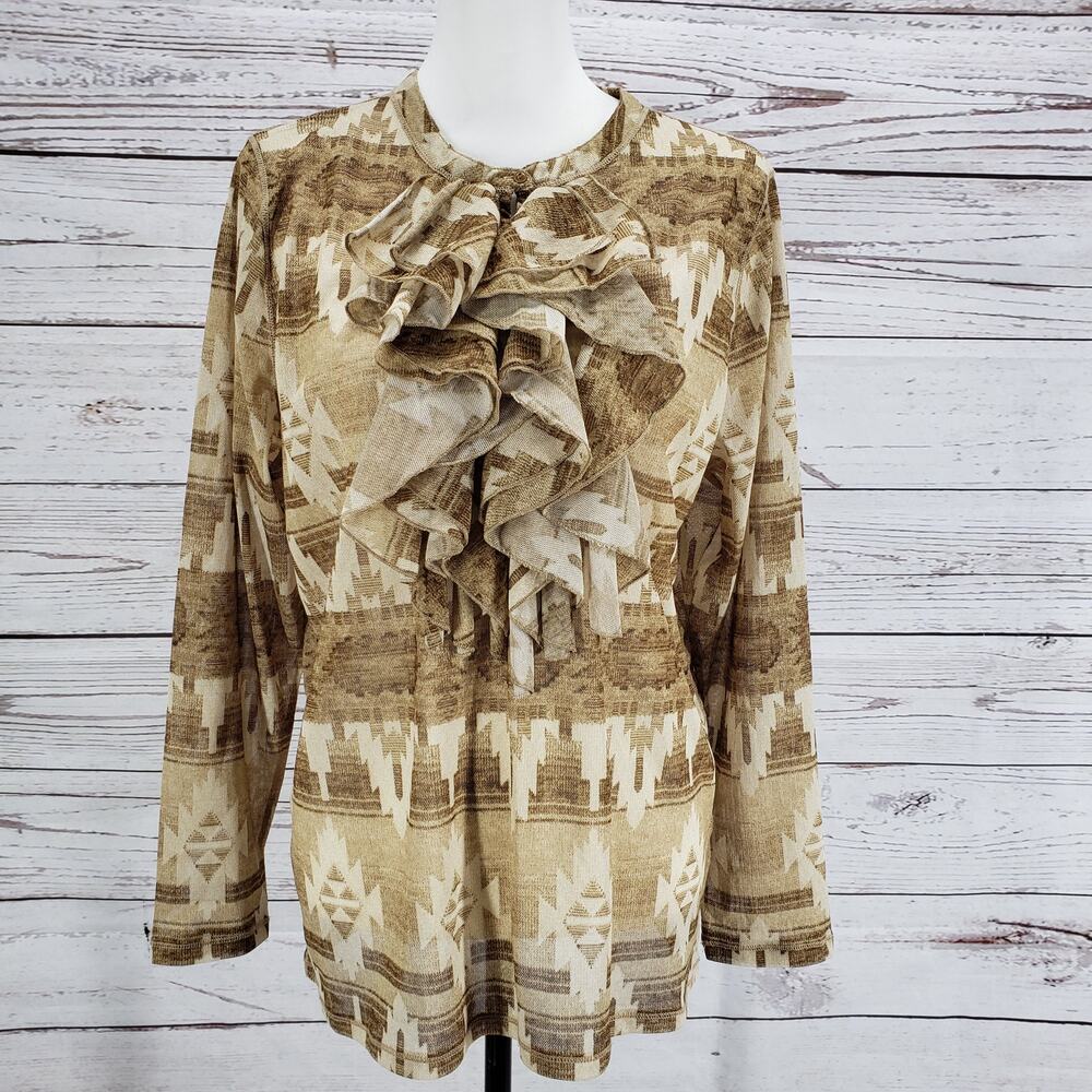 Lauren Ralph Lauren Brown Semi Sheer Mesh Southwestern Print Top Size 1X